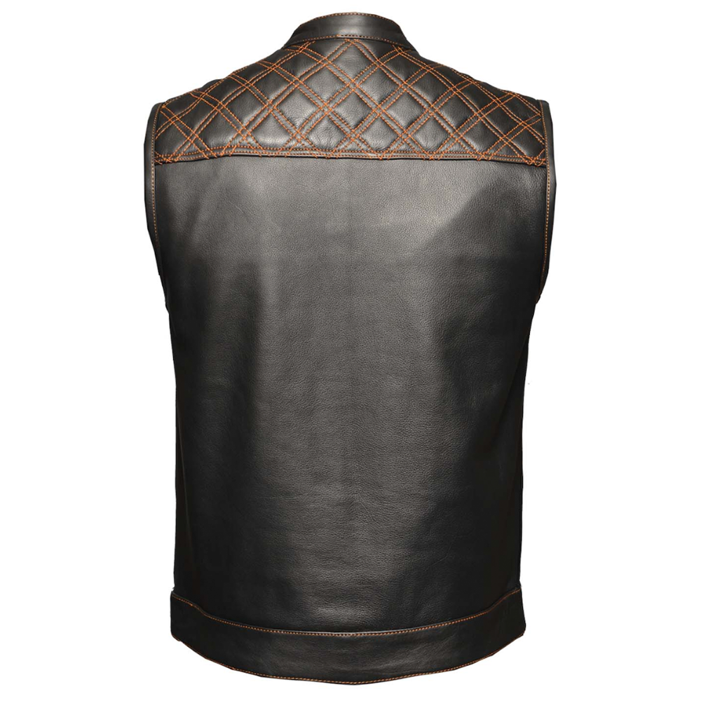Made from cowhide leather with a diamond stitch pattern, it includes four exterior pockets, two inside concealed carry pockets.