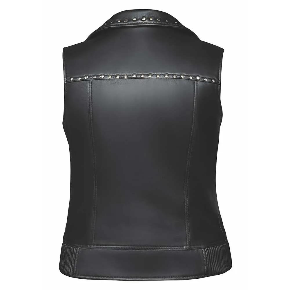 The Ladies PREMIUM leather vest by Unik Premium features lambskin leather construction, Antique Silver hardware, 2 exterior pockets, 2 interior pockets, and is available in sizes XS to 5XL.