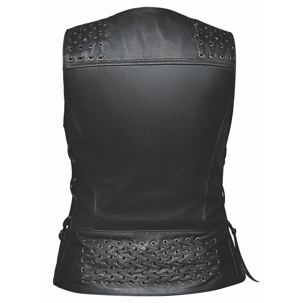 The Ladies Premium Leather Vest by Unik Premium features premium cowhide leather construction, Antique Silver hardware, 2 outside pockets, 2 inside pockets, side laces for fit adjustment, and is available in sizes XS to 5XL.