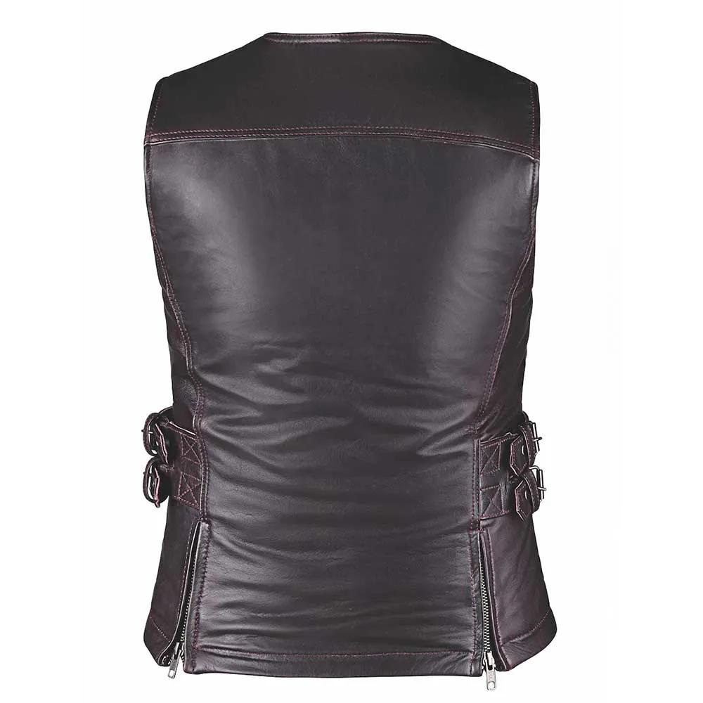 Style # 6893.17 epitomizes sophistication and functionality with a ladies' premium zippered vest crafted from lightweight lambskin leather. Its sleek design, featuring black hardware and a front zipper closure,