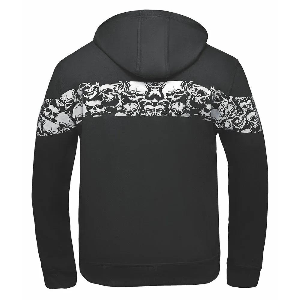 Elevate your street style with the Unik Denim Men's Skull Hoodie Sweatshirt. Crafted from high-quality cotton, this hoodie combines comfort with edgy design. It features a distinctive reflective skull motif, prominently displayed on the front, back, and sides, adding a bold statement to your look