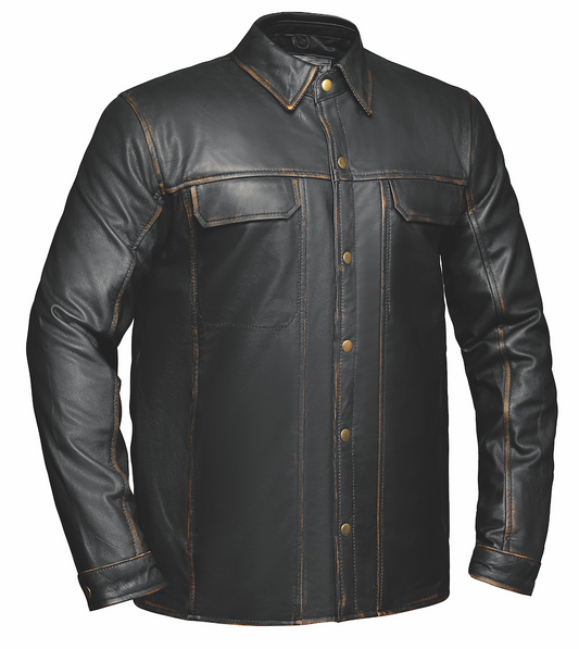 Crafted from goatskin leather in a rich brown hue, this shirt combines classic design with modern functionality, making it an essential piece for versatile styling.&nbsp;