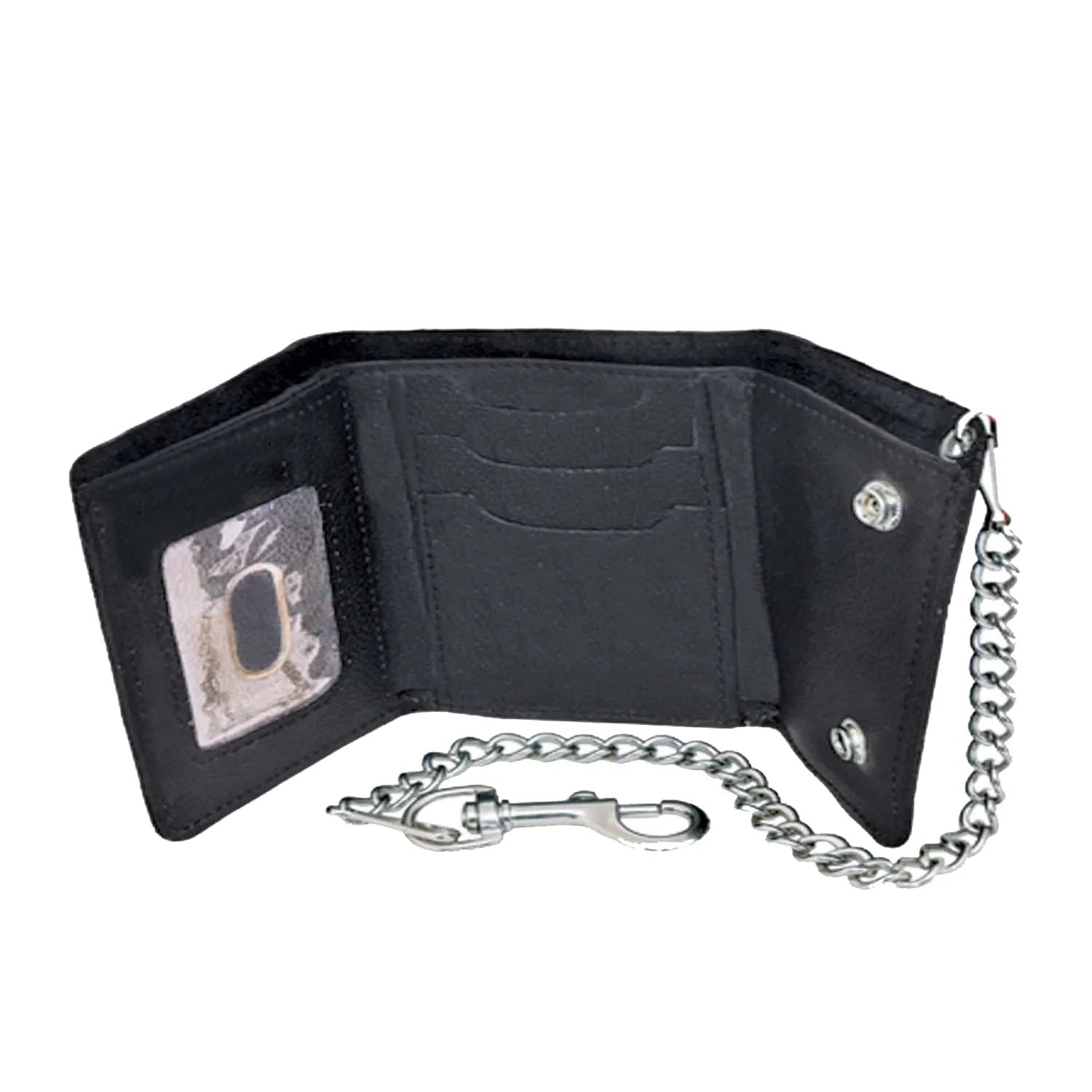 Made from premium leather for durability and a stylish appearance.
Chain attachment for security and an edgy biker look.