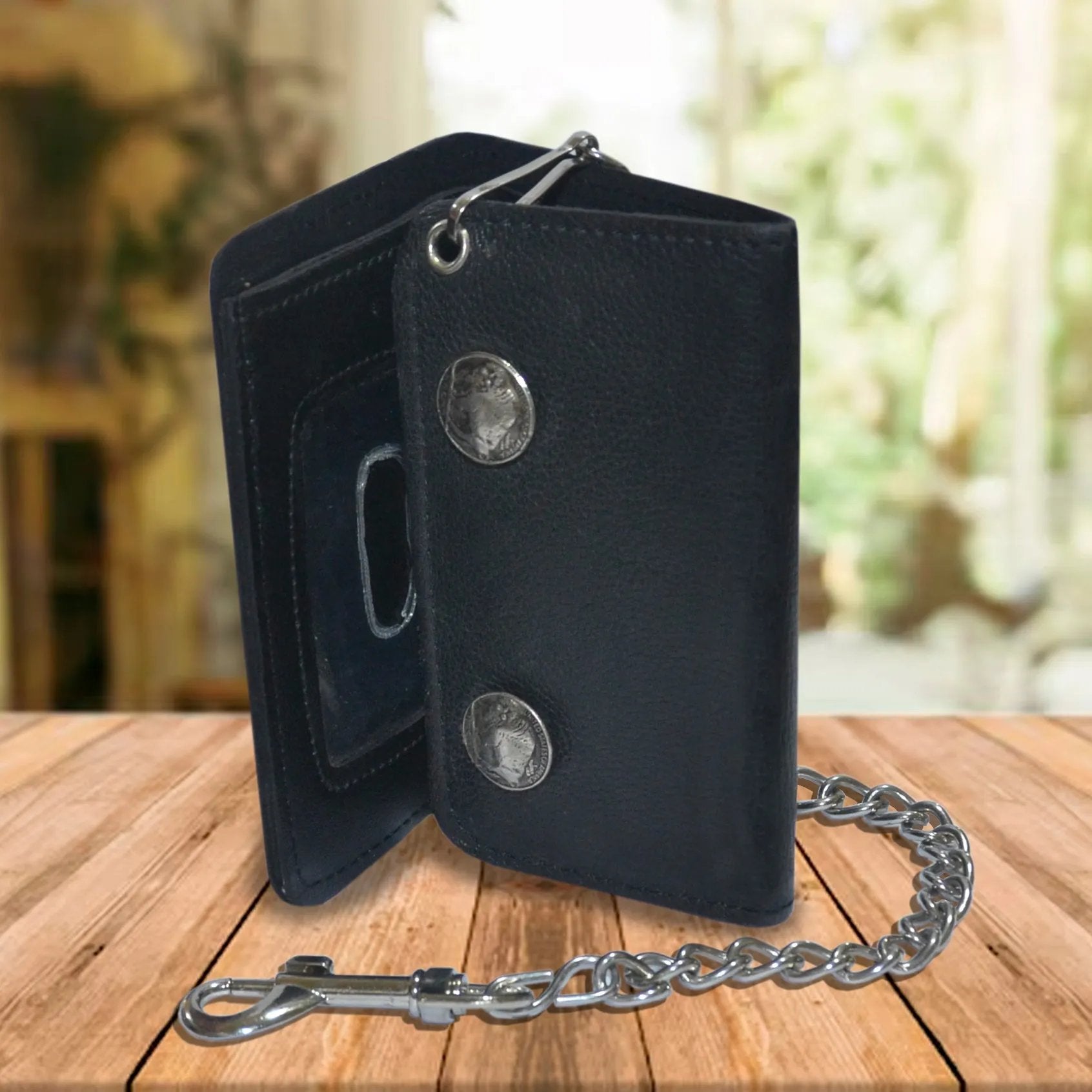 Black Leather Trifold Biker Chain Wallet