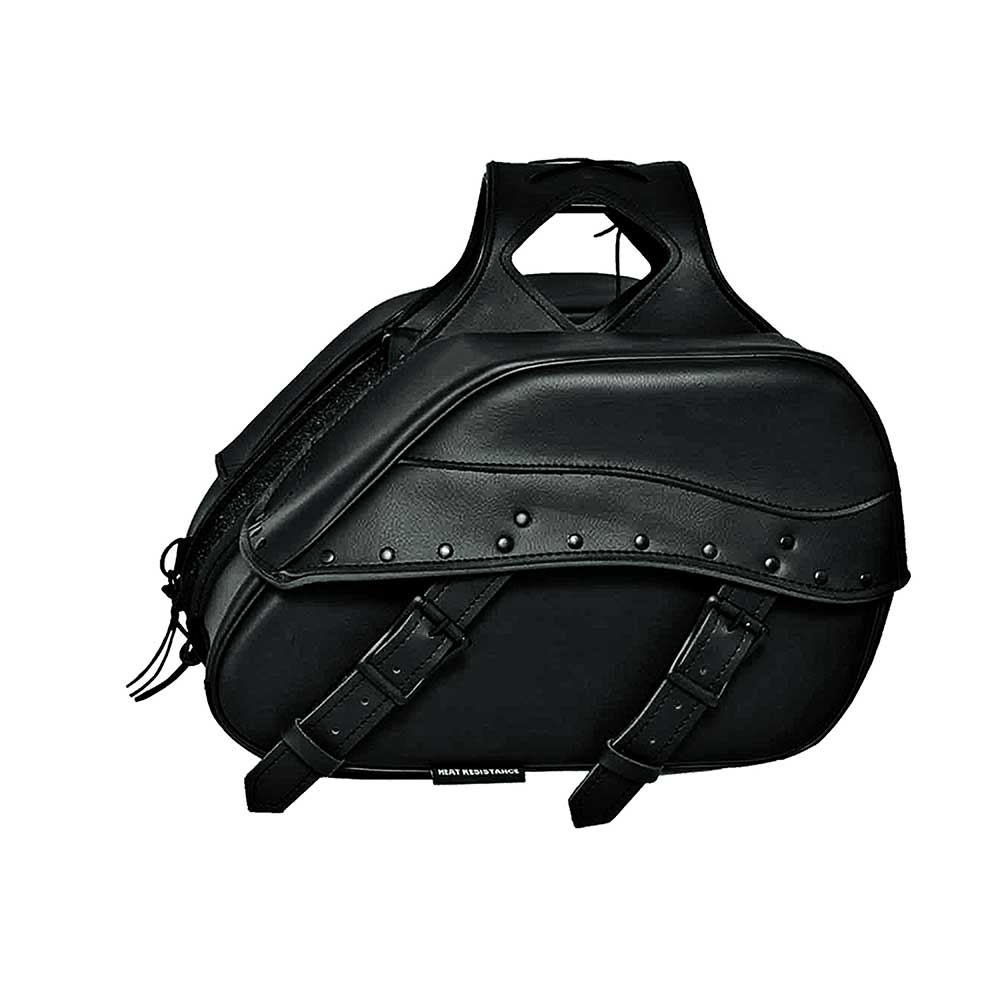 Unik's Style # 9563.00 features a PVC saddle bag in sleek black, known for its durability. It offers ample storage space. Made in Pakistan.