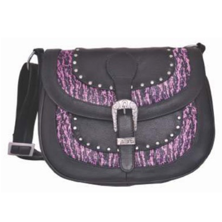 Style # 9748.00
Ladies Concealed Carry Pocketbook
Silver hardware
Front Zipper Closure
Color: Black and Purple
Brand: Unik
Skin: Cowhide Leather
Size:&nbsp;One Size
Made in Pakistan