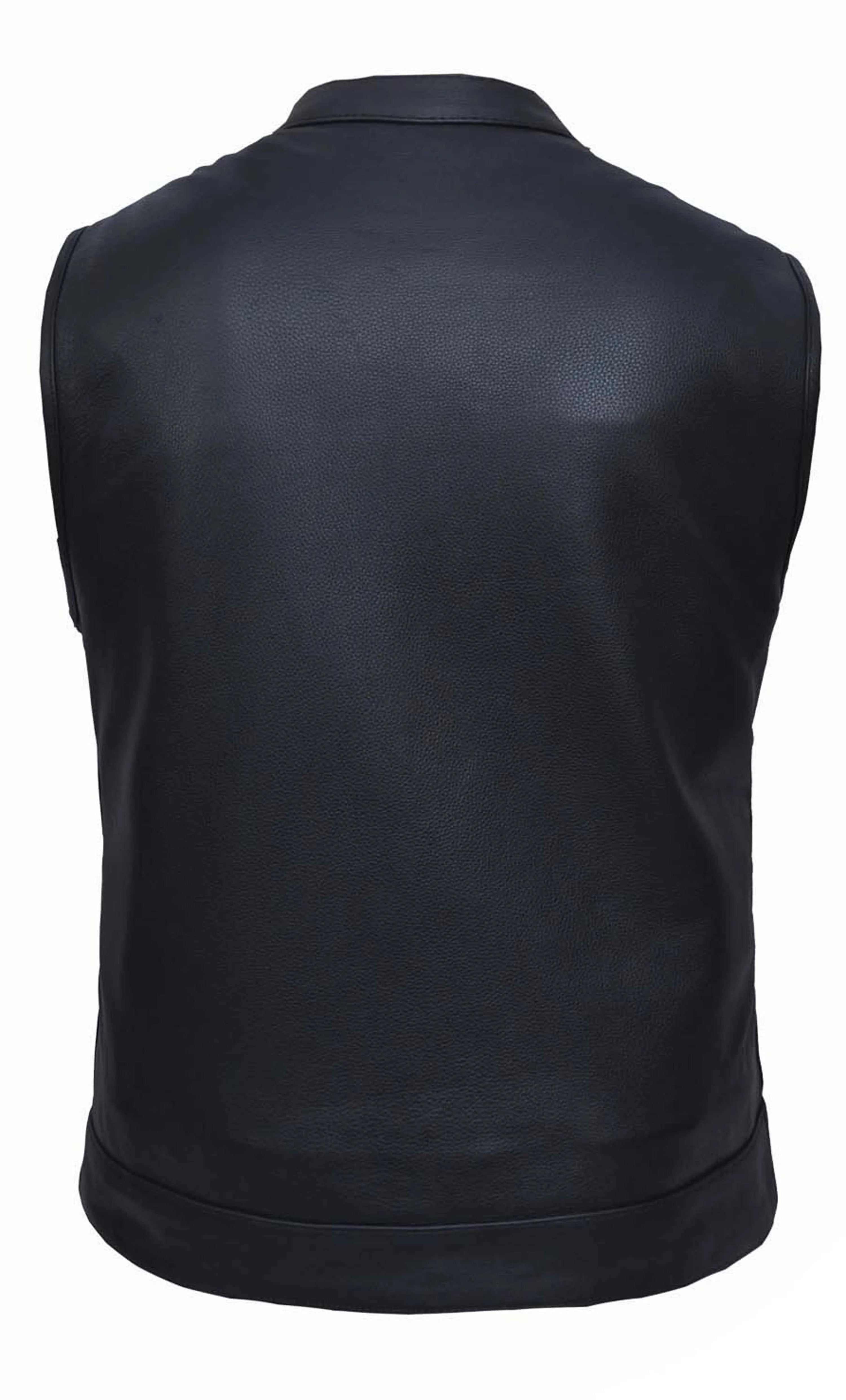 Men’s black leather motorcycle vest featuring an interior Arizona state flag liner, front snap closures, and side lacing for a custom fit