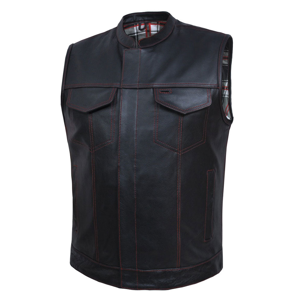 . Made from cowhide leather with a black and red flannel lining, it includes four exterior pockets, two inside concealed carry pockets, a zip snap main closure, antique brass hardware