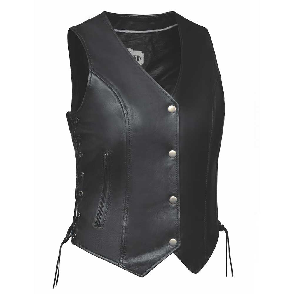 Style # 6897.00 embodies classic sophistication in a ladies' premium traditional vest, crafted from luxurious lambskin leather. 