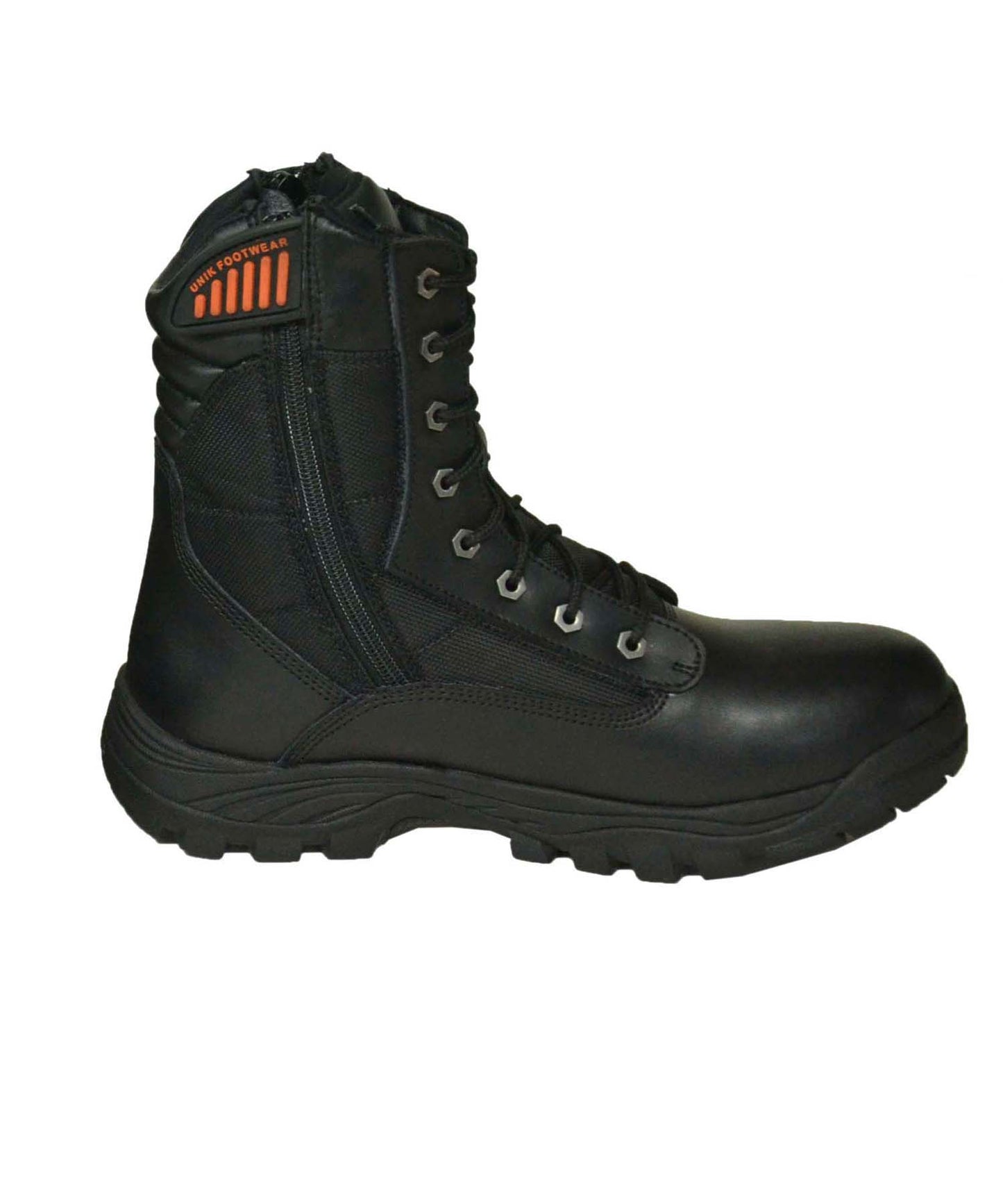 black boot and orange logo