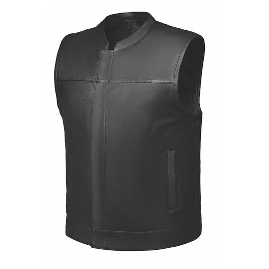 . Made from cowhide leather, it includes two exterior pockets, two inside concealed carry pockets, a zip snap main closure, antique brass hardware, and a one-panel back, providing versatility and functionality suitable for various settings.