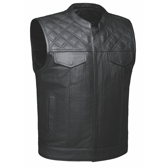 Made from cowhide leather with a diamond stitch pattern, it includes four exterior pockets, two inside concealed carry pockets, a zip snap main closure.