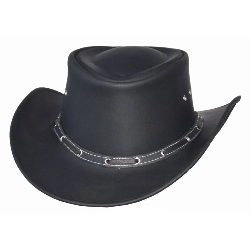 Men’s black premium leather cowboy hat featuring a wide brim