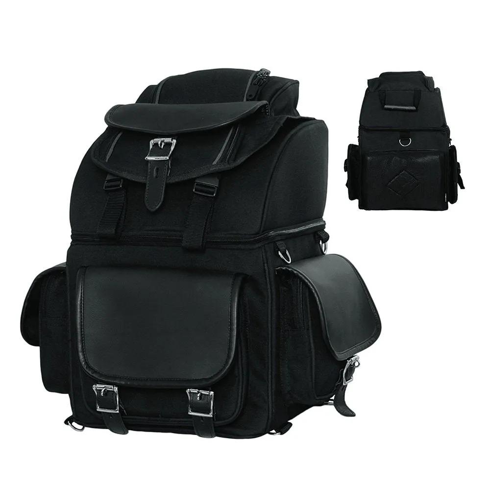 Black backpack with multiple compartments for bikers