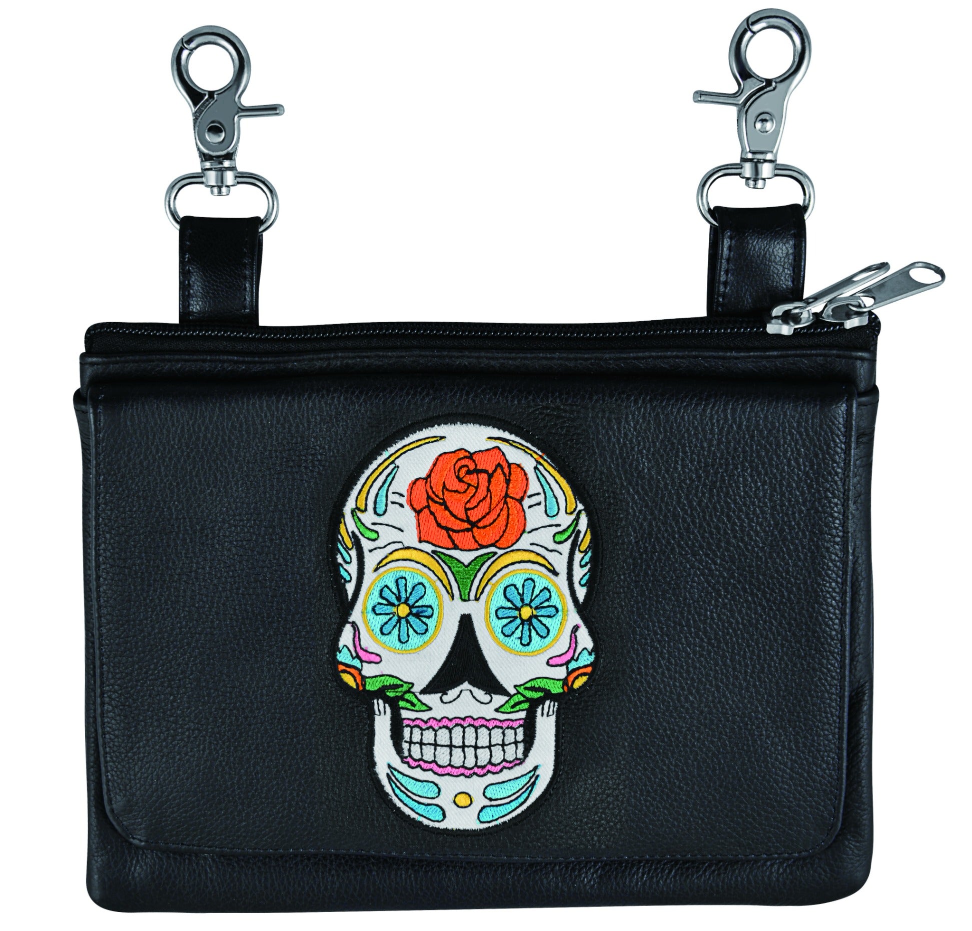 Black bag with a skull design and rose