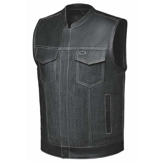Black denim vest with multiple pockets for men