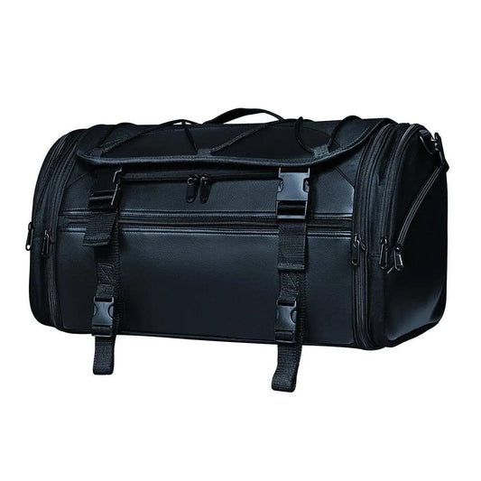 Black duffel bag with side compartments