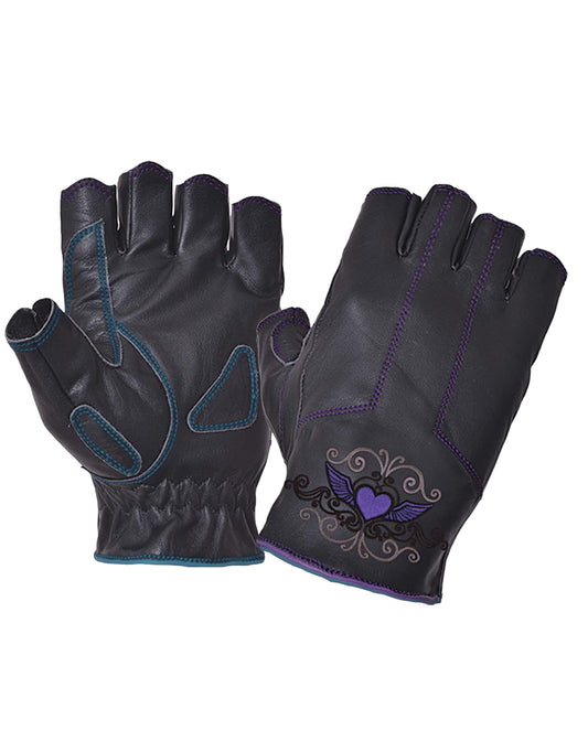 Black gloves half fingers with purple heart design