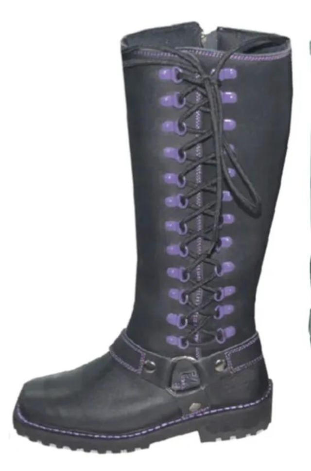 Black knee-high boot with purple sports