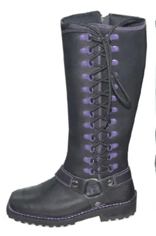 Black knee-high boot with purple sports