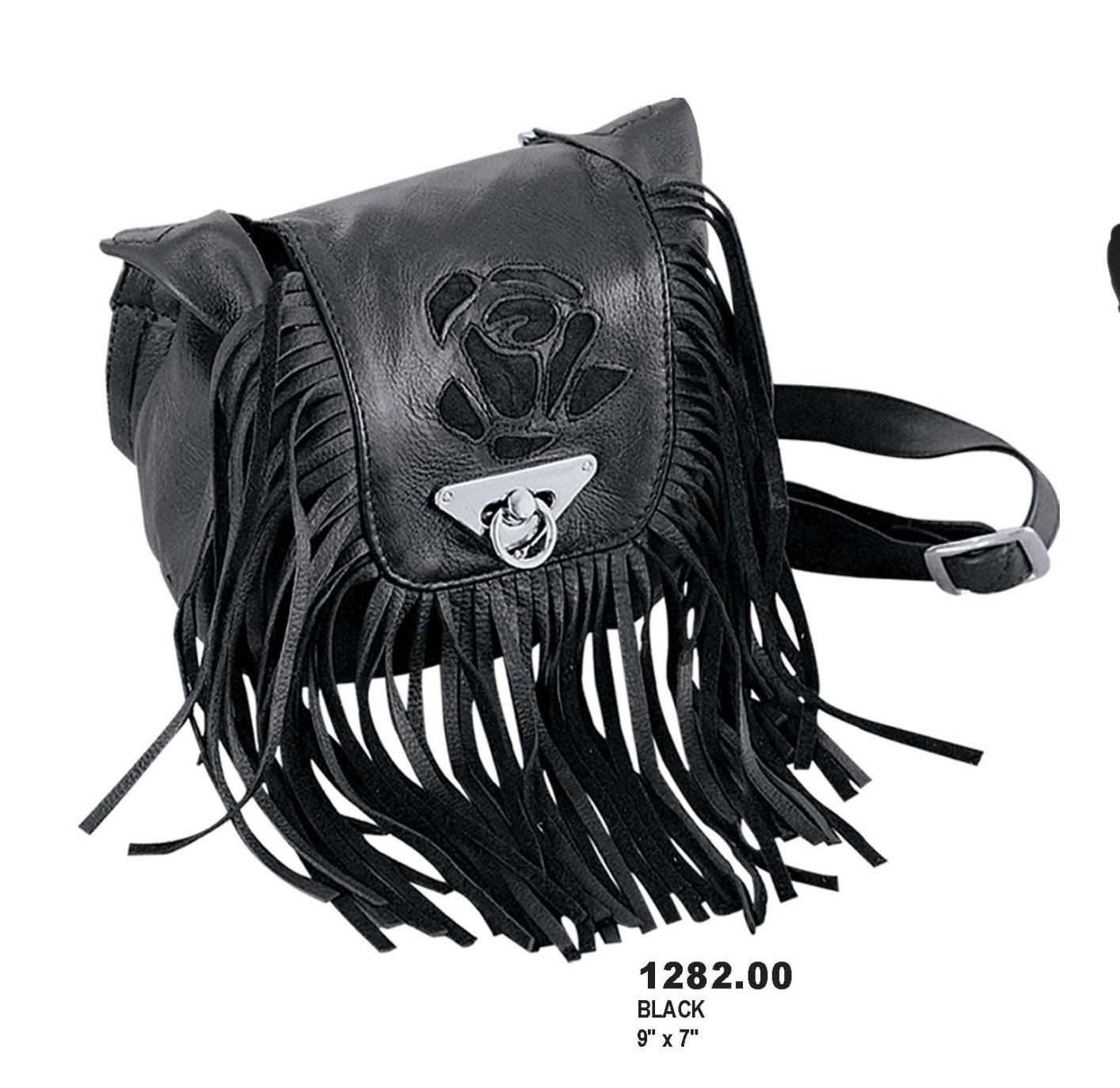 leather bag with fringe and rose in design black color