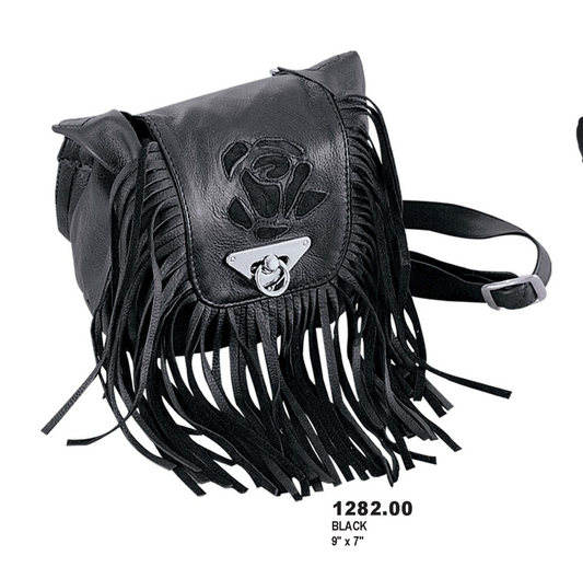leather bag with fringe and rose in design black color