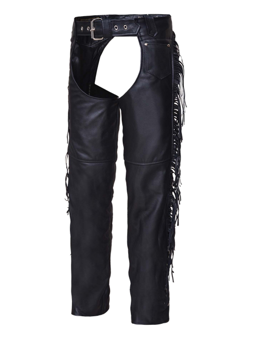 Black leather chaps with fringes