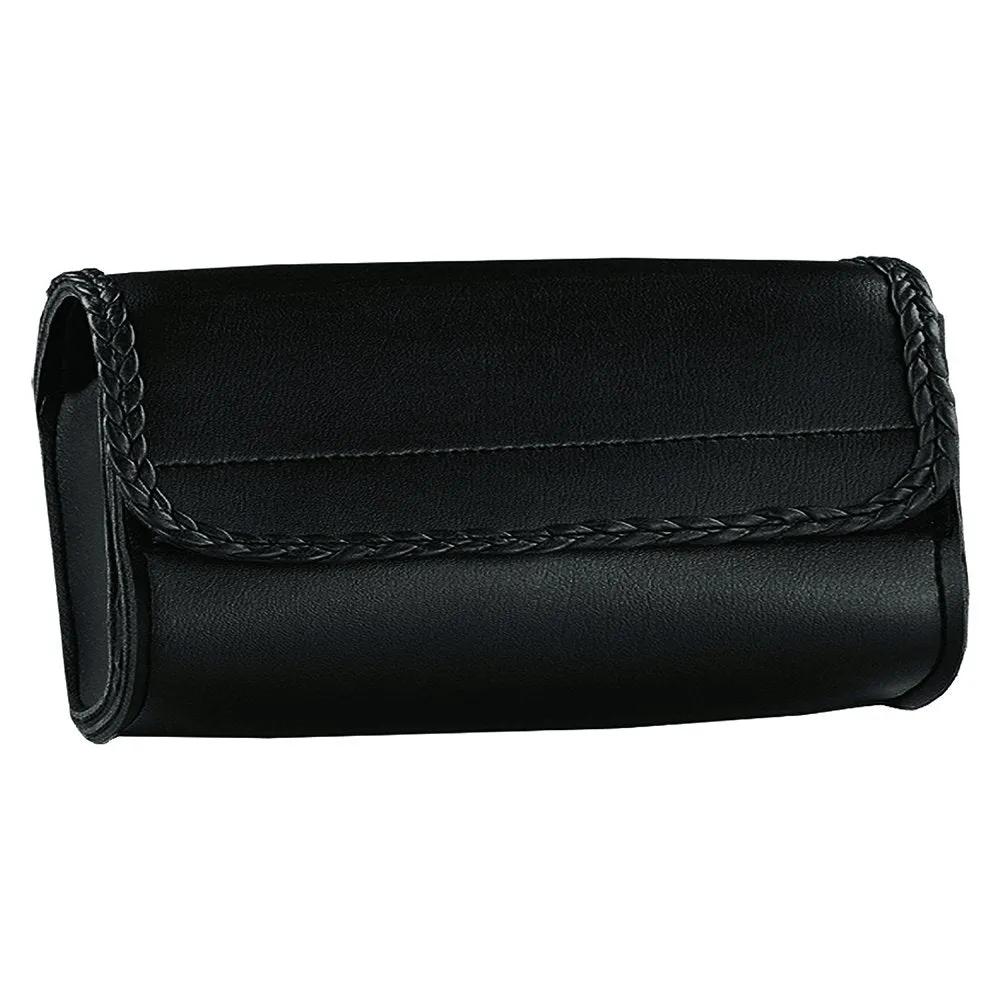 Black leather clutch with visible stitching