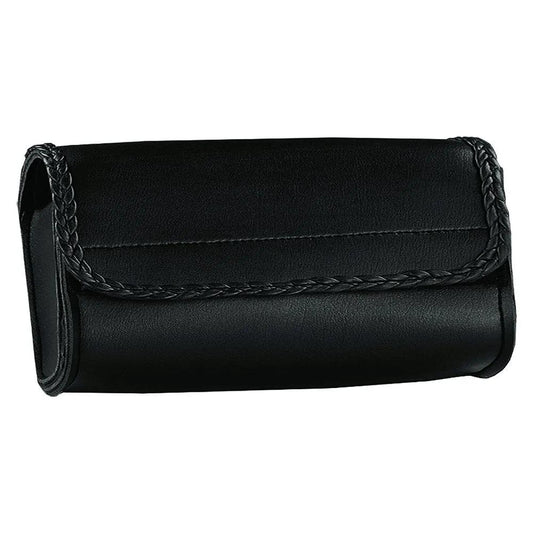 Black leather clutch with visible stitching
