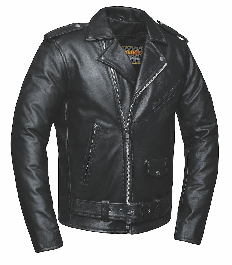 Black leather jacket with cross zip style and belt closure
