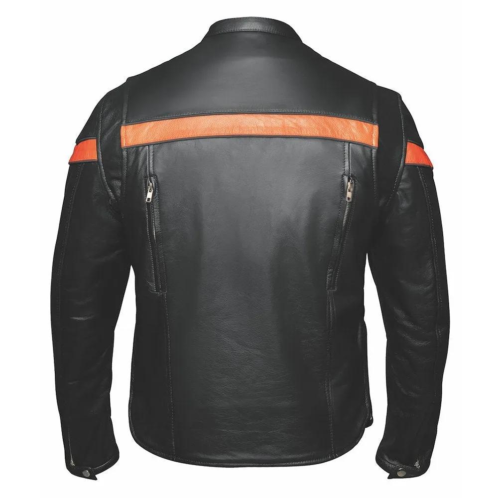 Black leather jacket with orange accents