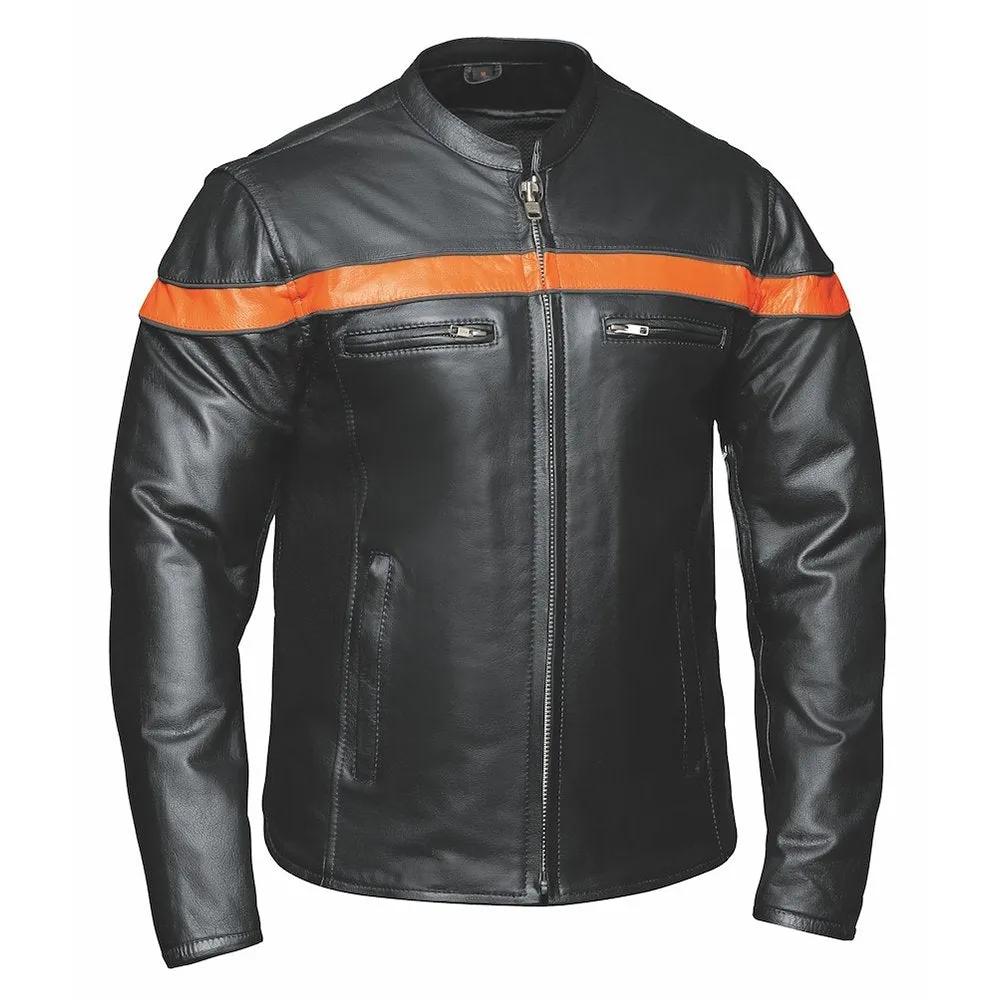 Black leather jacket with orange stripe