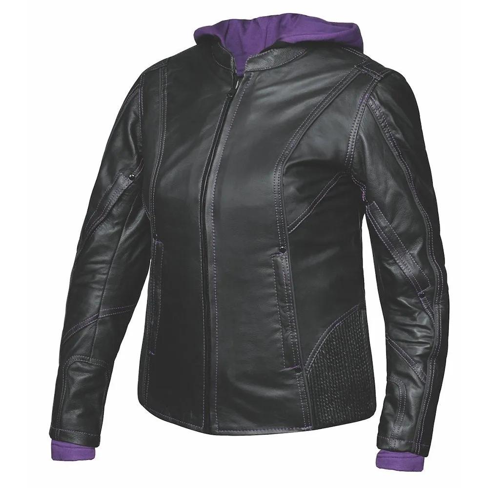 Black leather jacket with purple hoodie for woman