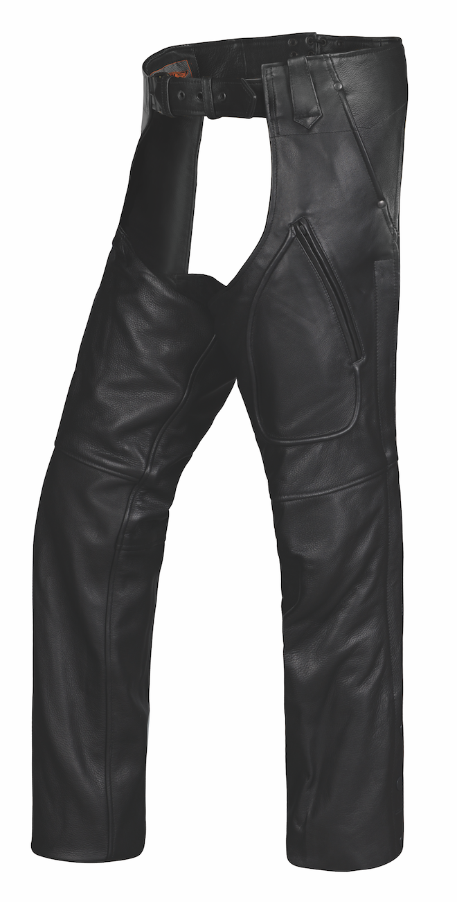 Black leather motorcycle chaps with multiple pockets