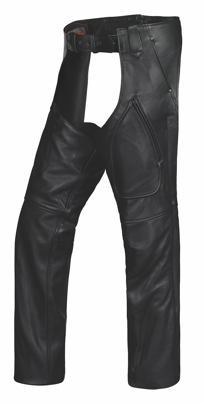 Black leather motorcycle chaps with multiple pockets
