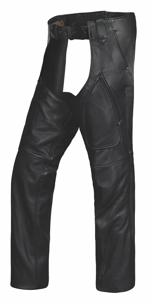 Black leather motorcycle chaps with multiple pockets