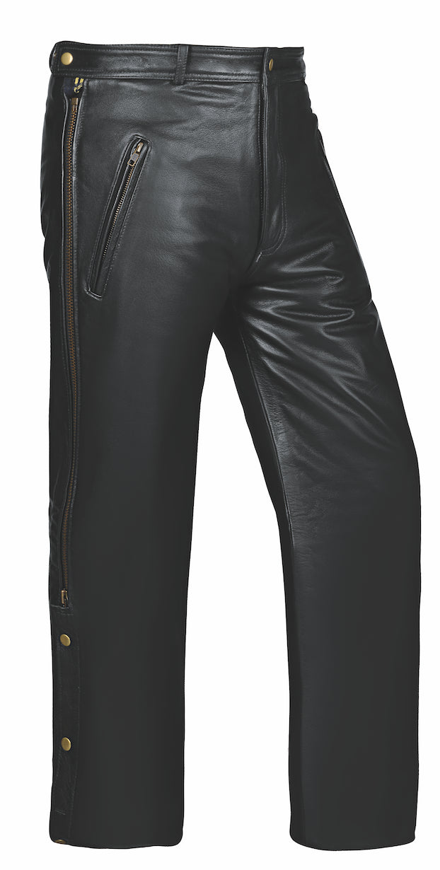Black leather pants with zippers and buttons