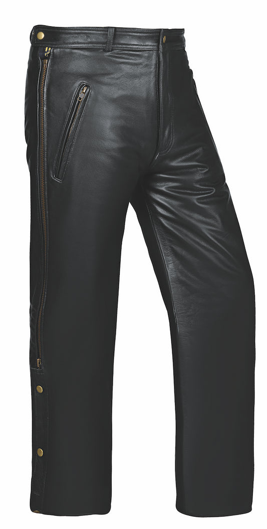 Black leather pants with zippers and buttons