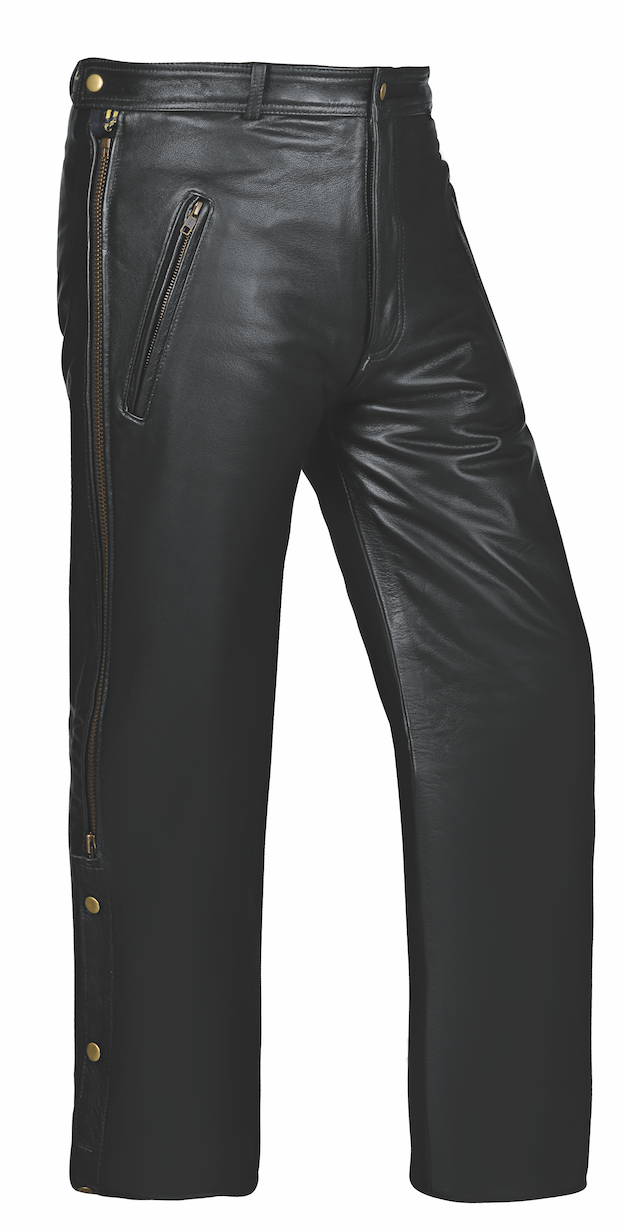 Black leather pants with zippers and buttons