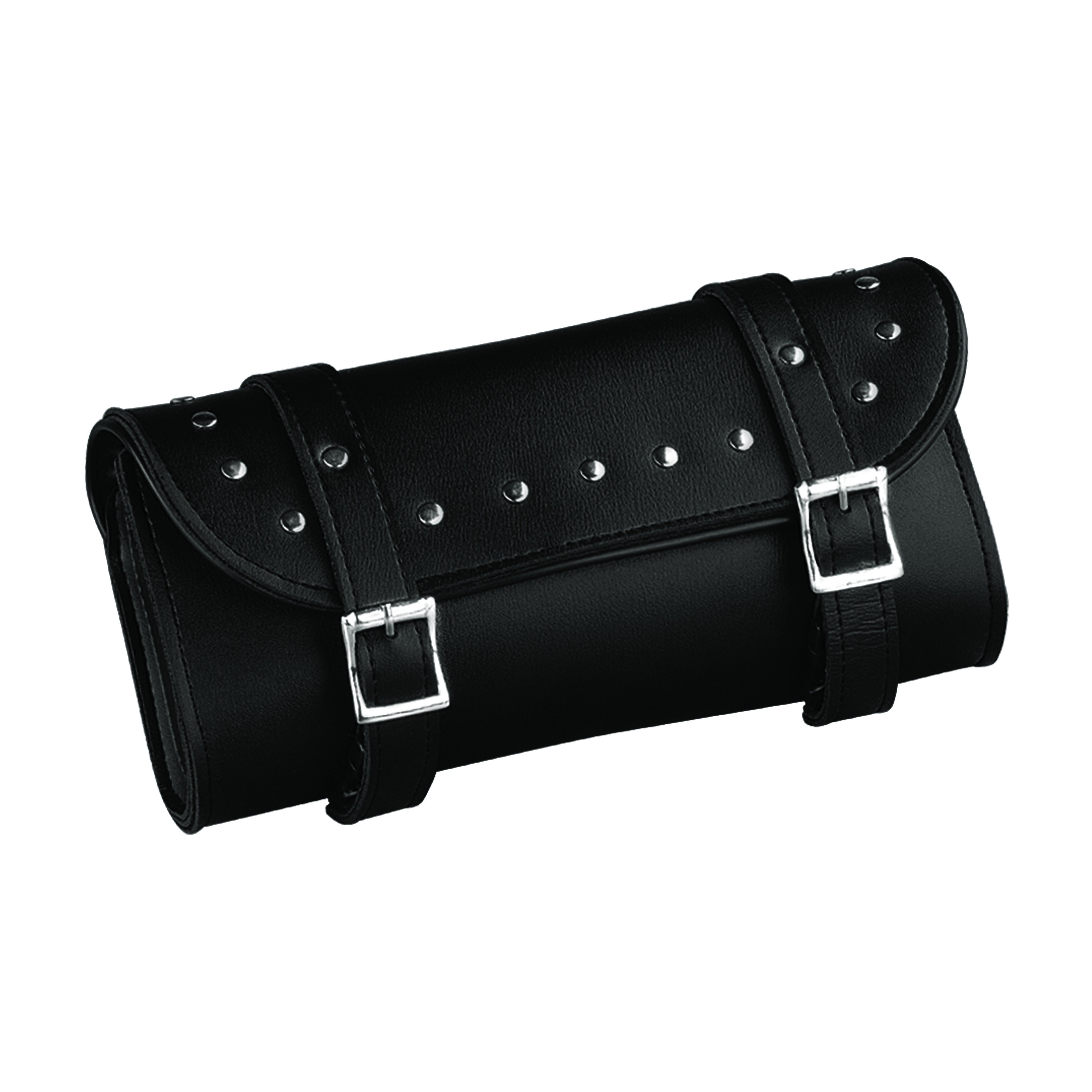 Black leather roll bag with studs and buckles