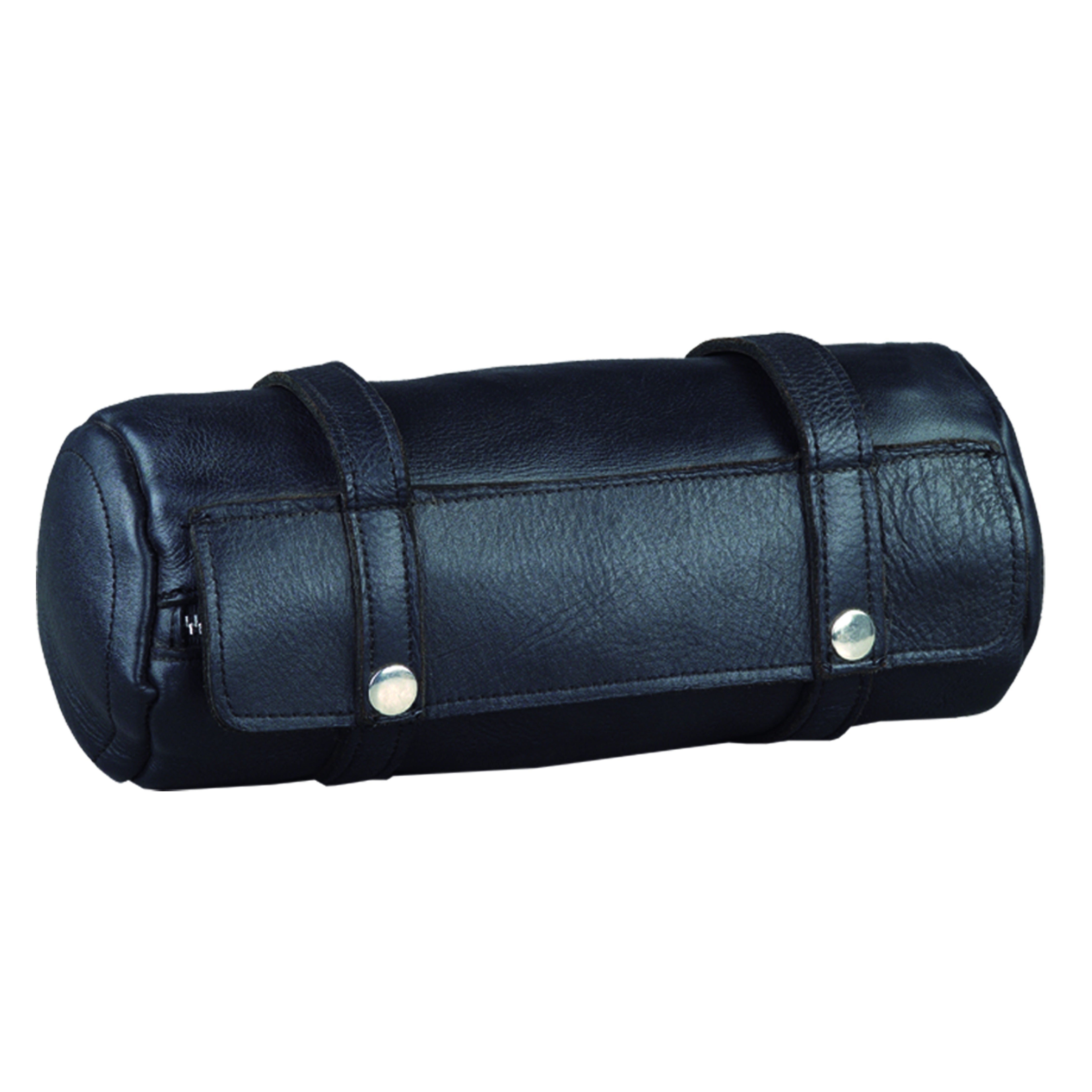 Black leather roll bag with silver studs closer