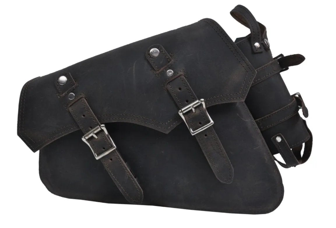 Black leather saddlebag with buckle straps