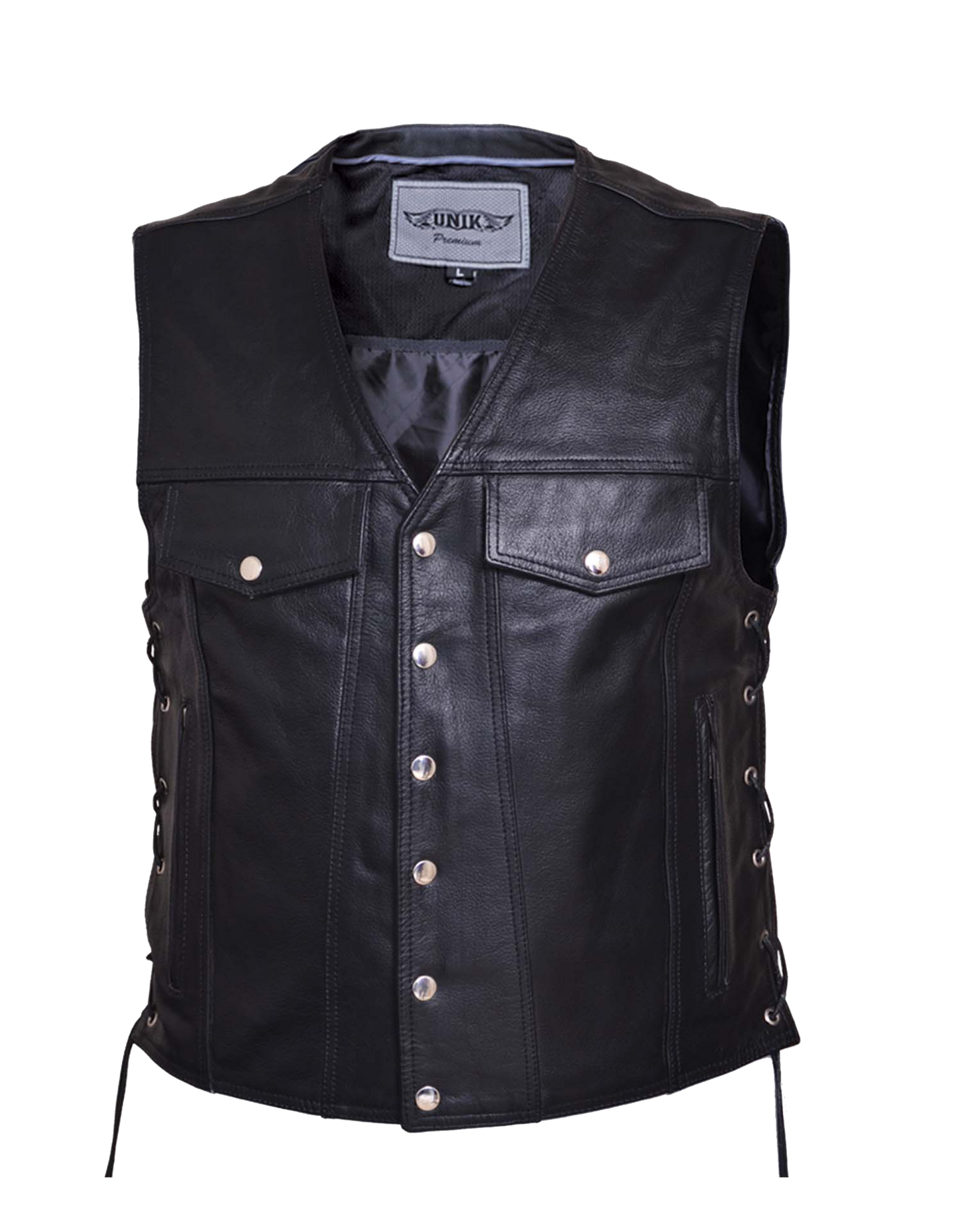 leather vest in black color and button closure
