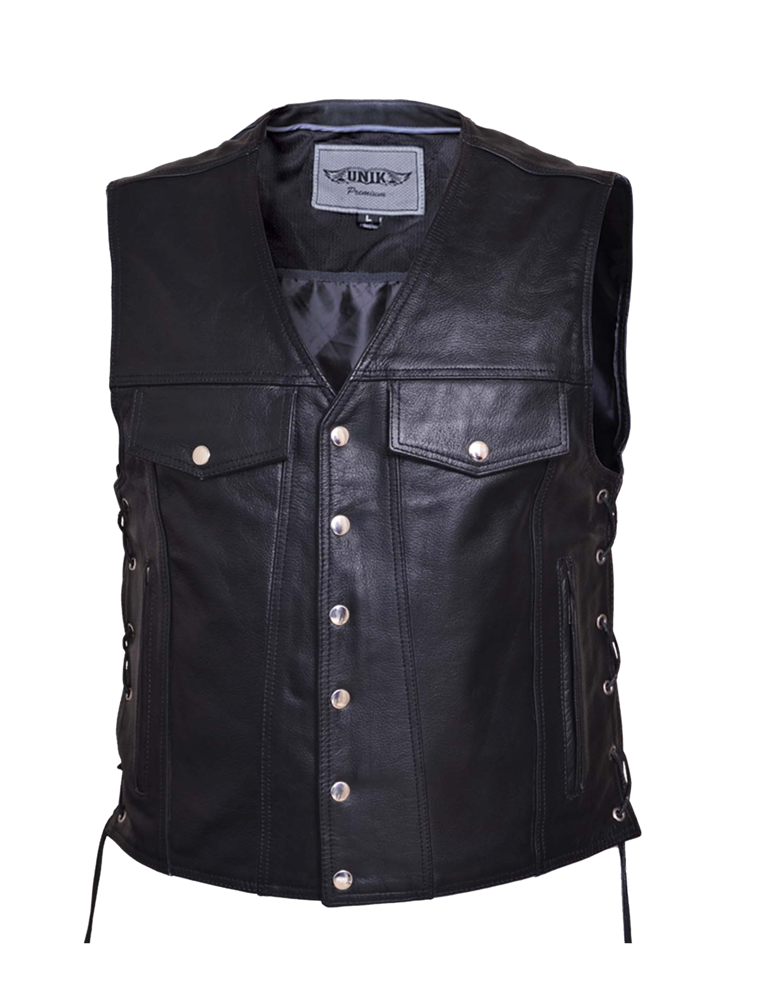 leather vest in black color and button closure