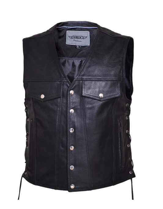 leather vest in black color and button closure
