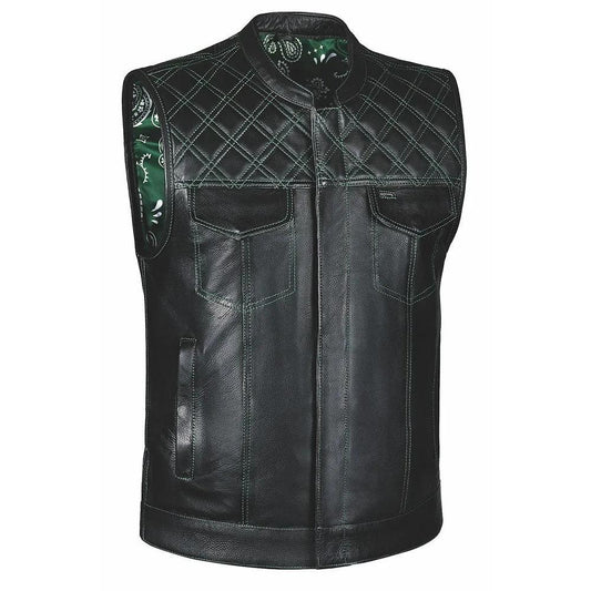 Black leather vest with quilt design on shoulder and green bandanna accents