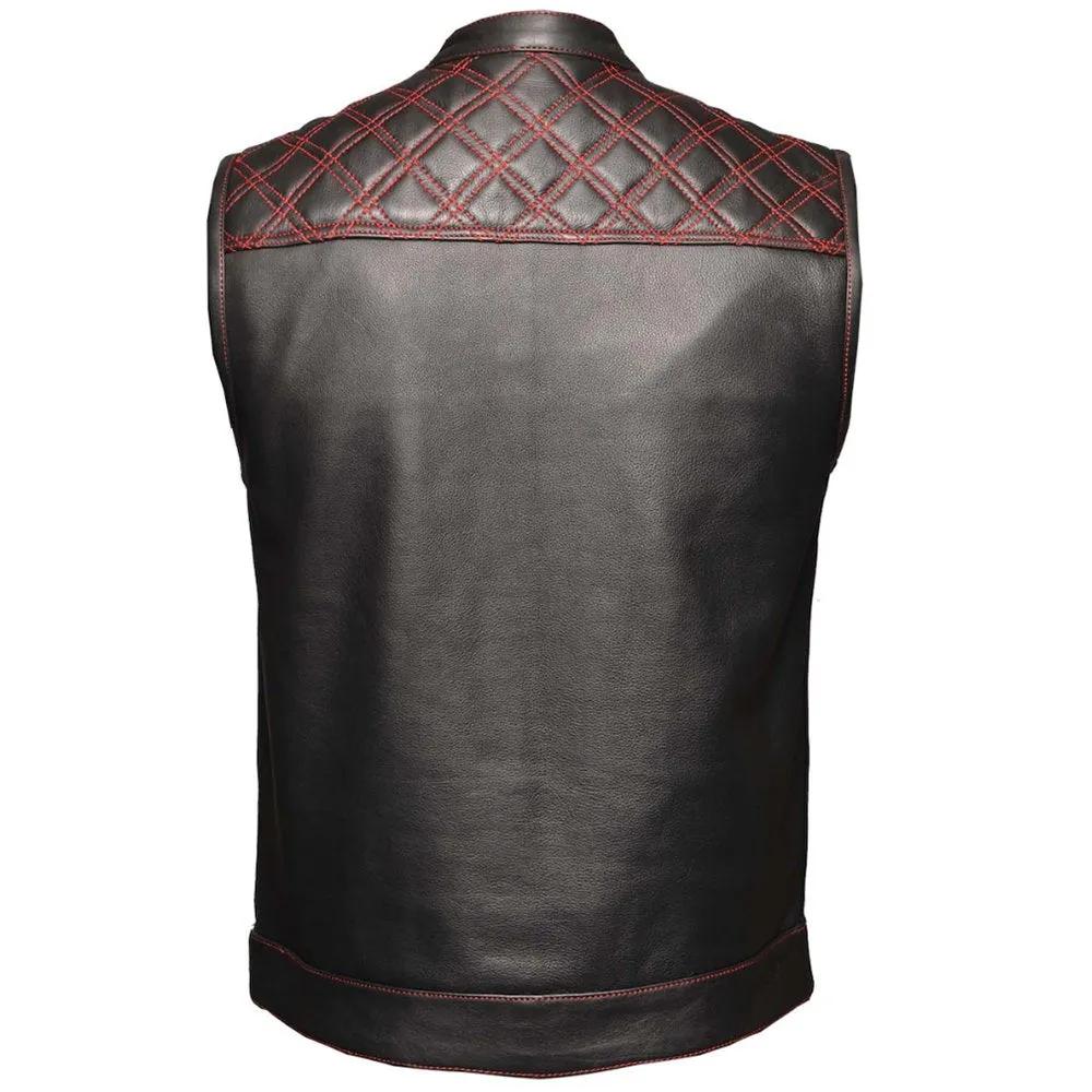 Black leather vest with red stitching