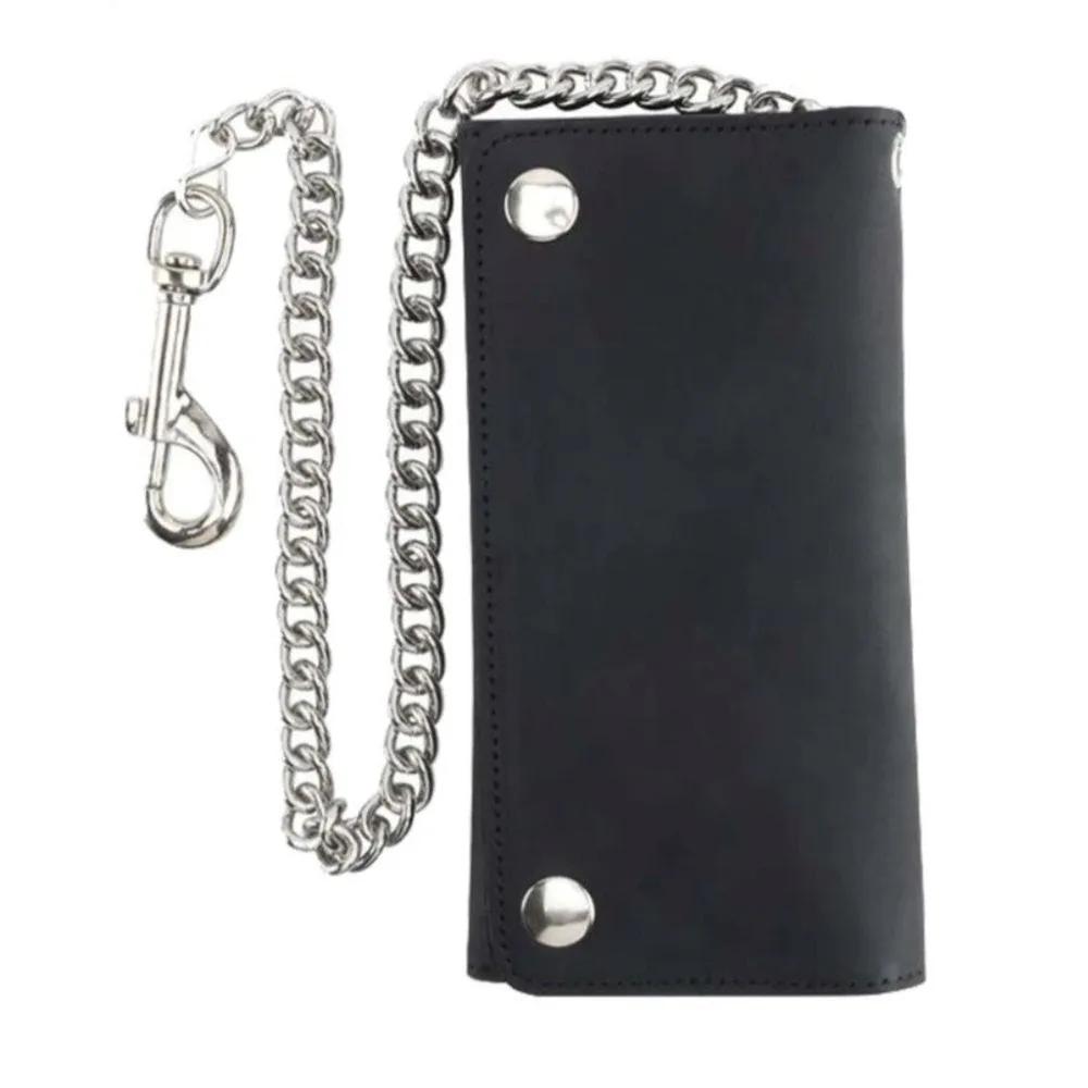 Black leather wallet with a chain strap and studs