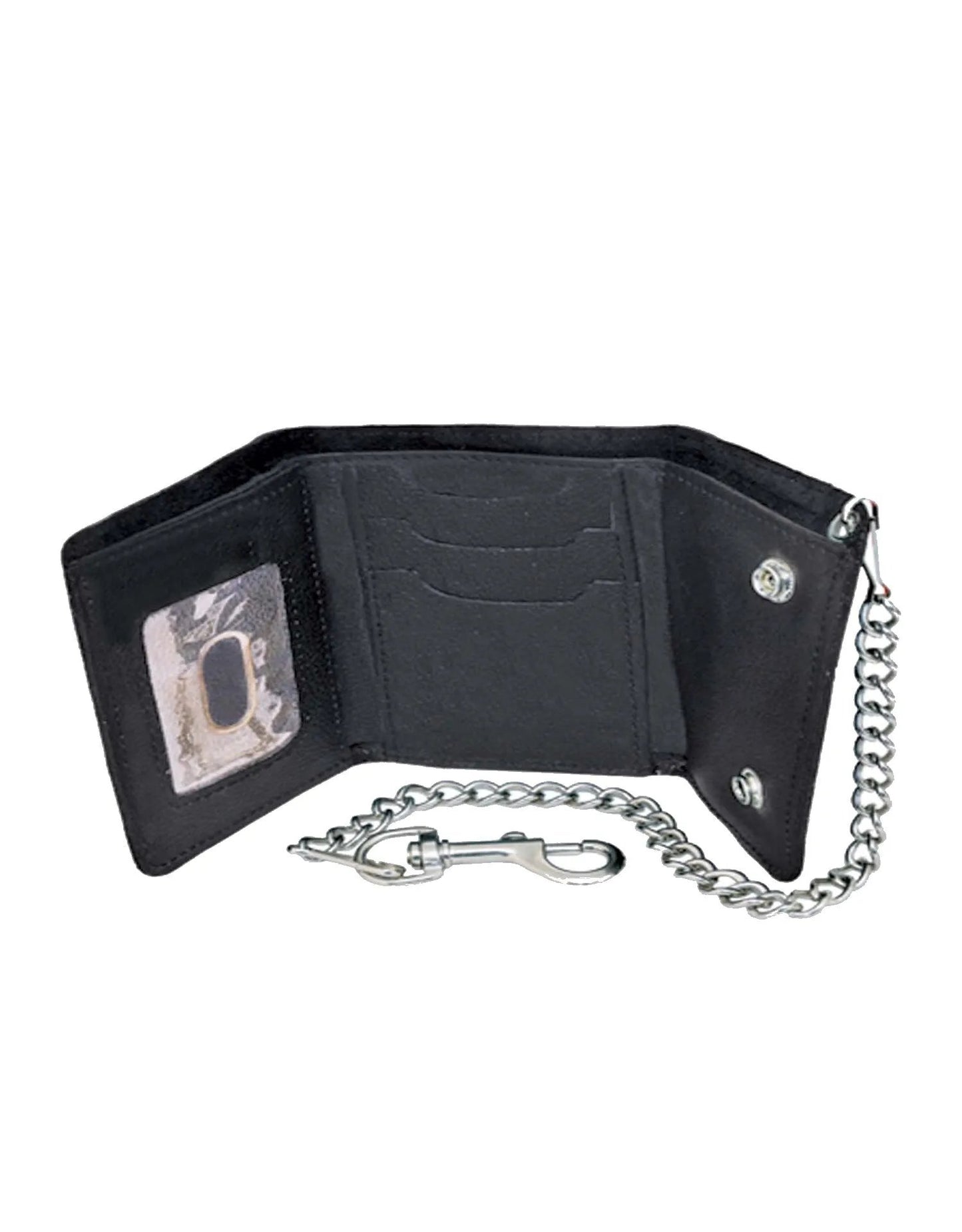 Black leather trifold wallet with a chain strap