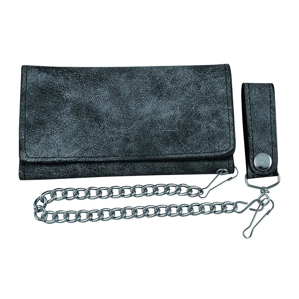 textured Black leather wallet with chain and keychain 